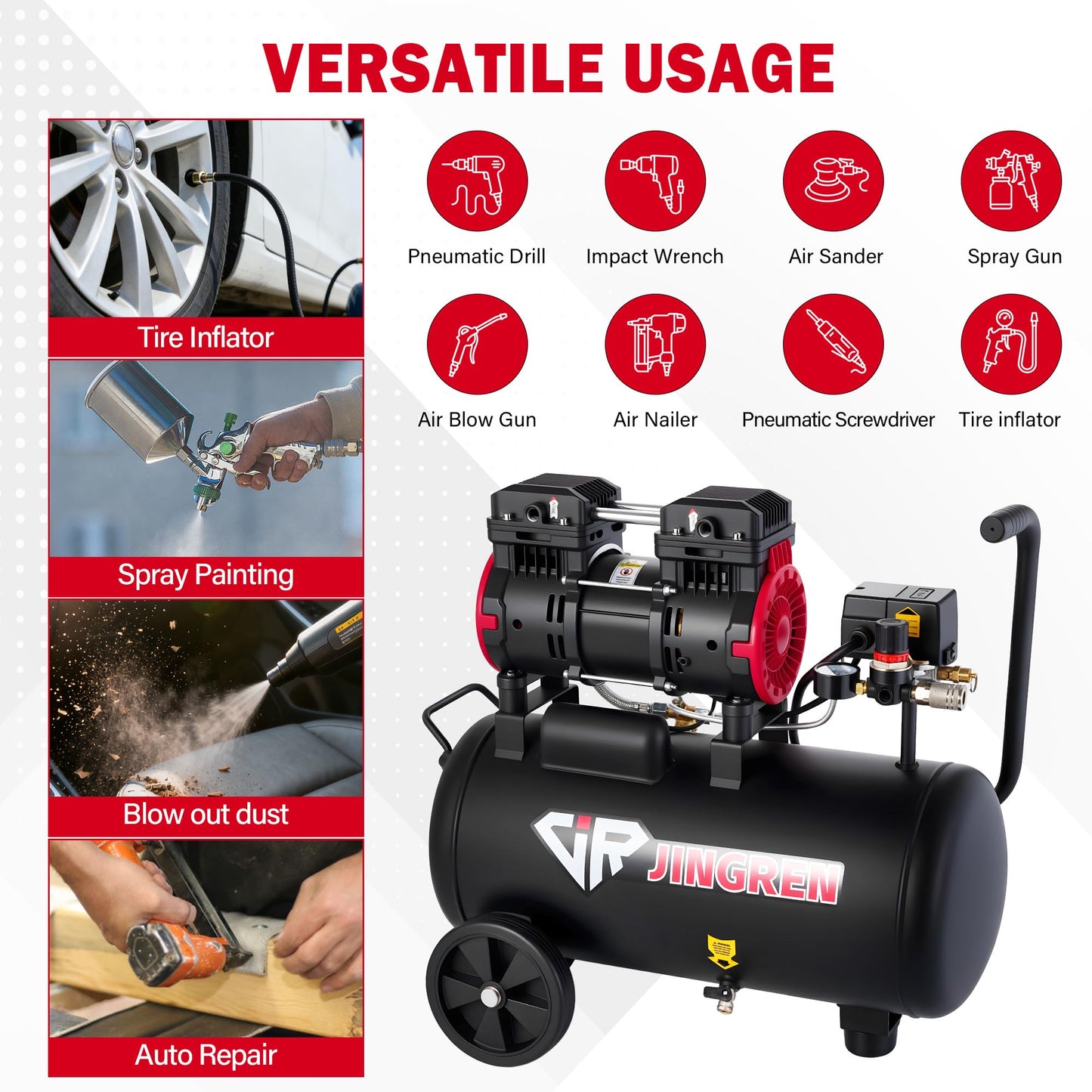 JIR JINGREN 8 Gallon Ultra Quiet Air Compressor, 2HP 4.2CFM, Max 120 PSI Oil-Free Air Compressor Tank, 120V/11A, 68dB for Car Repair, Spray Painting, Woodwork Nailing（With Accessories Kit）