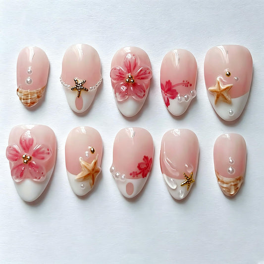 30Pcs Short Almond Press On Nails, Summer Beach Theme False Nails with 3D Pink Flowers, Starfish, Shell, Gold Stars & Pearls, Nude Pink French Tip Acrylic Nail Set for Women DIY Manicure