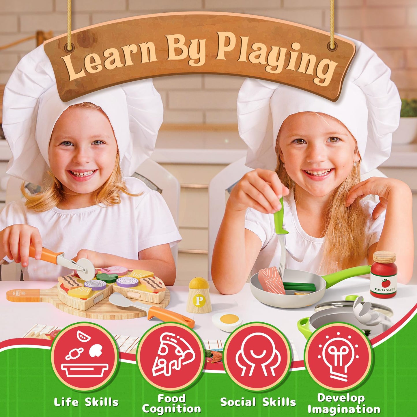 Lehoo Castle Wooden Play Food Sets for Kids Kitchen - Pizza Toy with Pot & Pan, Play Kitchen Accessories, Pretend Cutting Food, Play Dishes & Felt Pasta, Toddler Toys 3-5 Years, Gift for Boys Girls