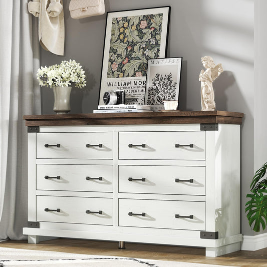 AMERLIFE Farmhouse 6 Drawers Dresser Chests for Bedroom, Wood Large Chest of Drawers/w Thick Plank Styling, Rustic Heavy Duty Closet Storage Dresser Organizer, Living Room, Hallway, Antique White