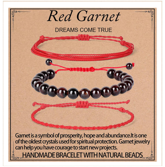 QOGIR Handmade Healing Bracelets,8mm Natural Red Garnet Gem Stone Beads Bracelet for Men Women Gifts with 2PCS Size Adjustable Rope Bracelets