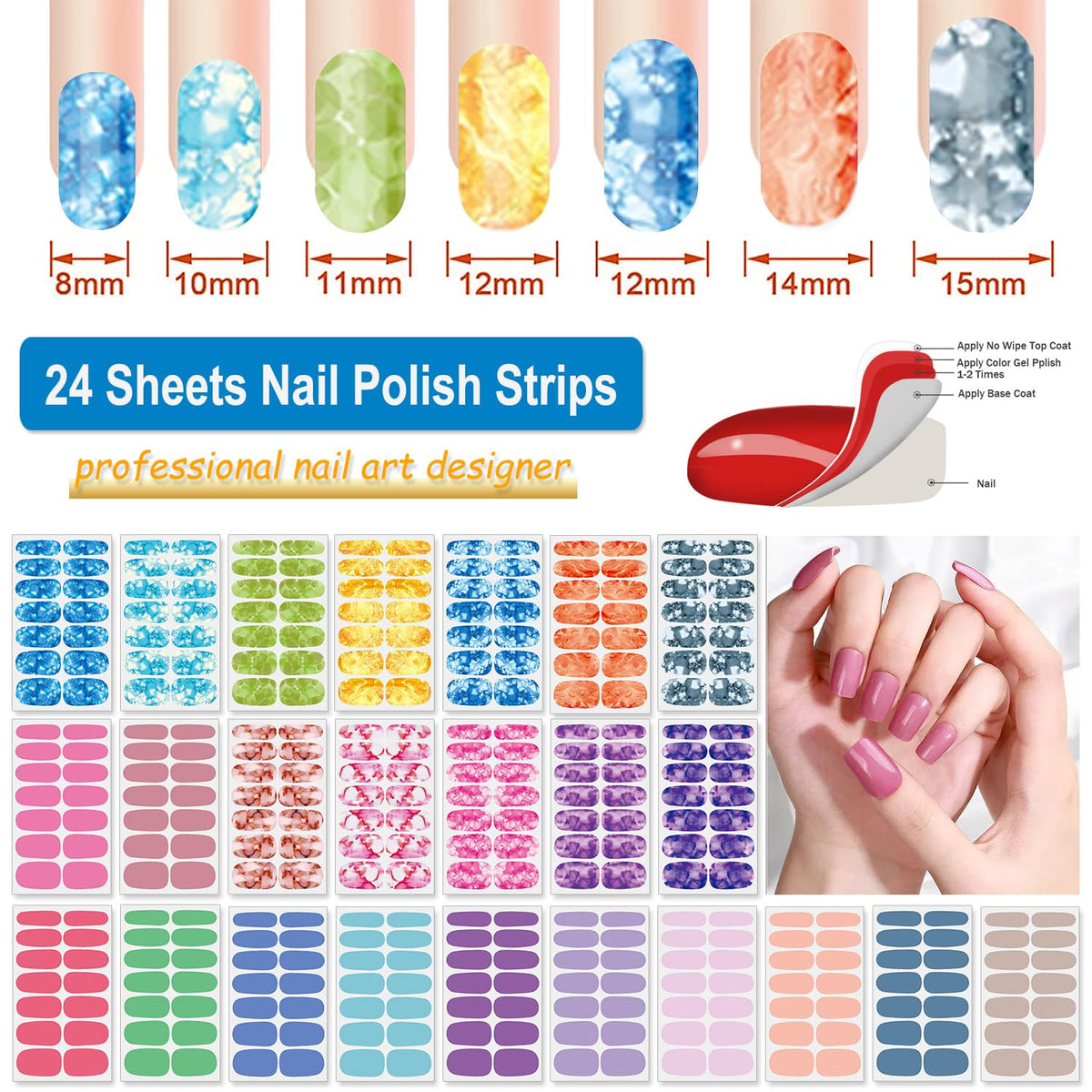 DANNEASY 24 Sheets Nail Polish Strips for Women Girl - Light Color&Rainbow, Nail Polish Stickers Full Nail Wraps Gel Nail Strips Self Adhesive Manicure Design Sticker Nails with File, Cuticle Stick