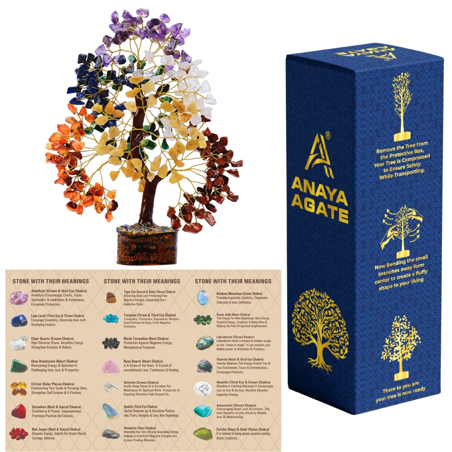 ANAYA AGATE 7 Chakra Tree of Life Crystal Healing Money Tree for Home Living Decor, Office Desk Decor, Handmade Feng Shui Bonsai for Energy, Wealth & Good Luck, Birthday Gifts for Men, Women, Mom