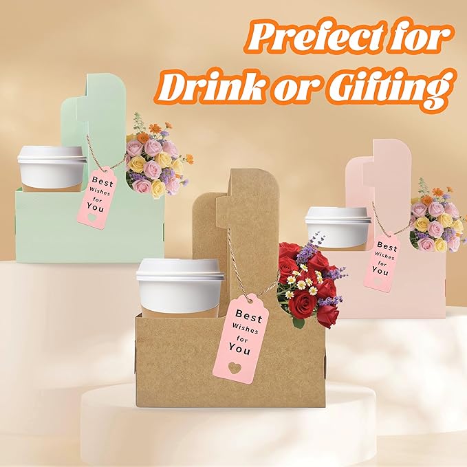 2 Cup Drink Carrier,8 Pack Coffee Cup Holders with Handle,Cardboard Cup Holders for Hot or Cold Drinks,Coffee Carrier with Ribbon and Card,Food Delivery Services and Bouquet(Green)