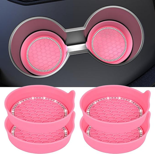 Amooca Car Cup Coaster Universal Non-Slip Cup Holders Bling Crystal Rhinestone Car Interior Accessories 4 Pack Peach Pink