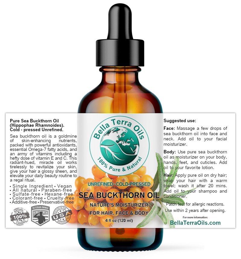 Bella Terra Oils - Sea Buckthorn Oil 16 oz - Capturing the Essence of Natural Sea Buckthorn Berries, Loaded with Omega-7 & Omega-9, A Sumptuous Embrace for Skin