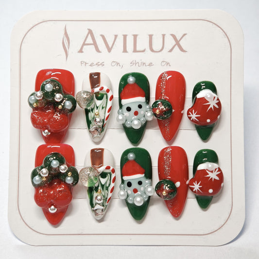 Avilux Press On Nails – Handmade, Reusable, 3D Designer Nail Art, 10Pcs Fake Nails for Women and Girls, Perfect for Holidays, Parties & Gifts (Merry Christmas Party, Small)