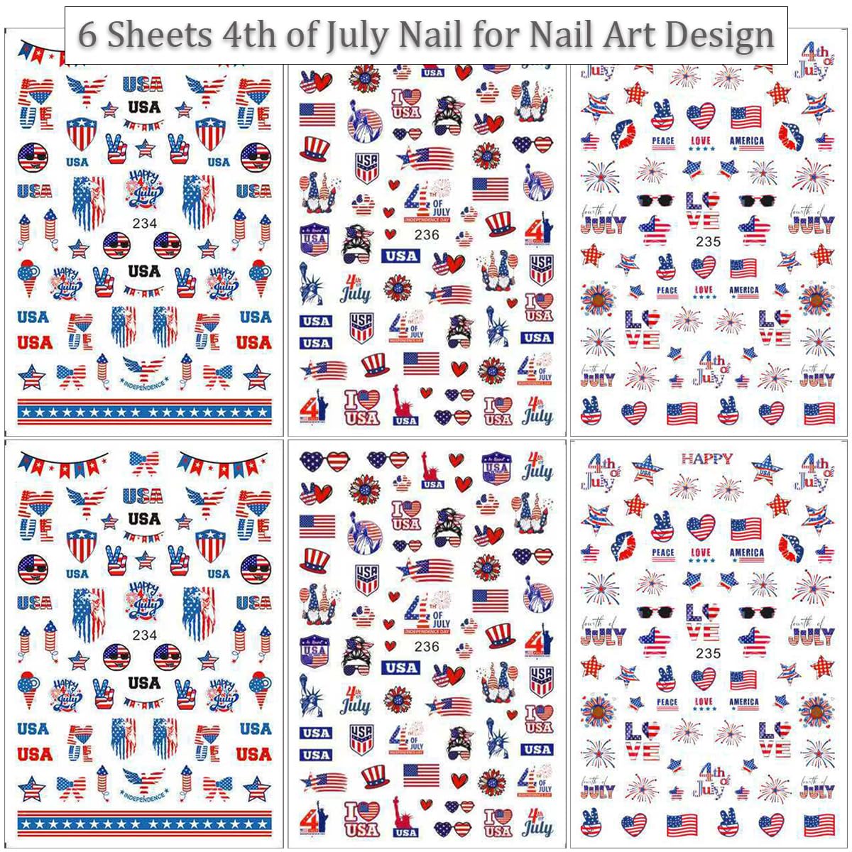 6Pcs/Celebrate 4th of July Nail Stickers for Nail Art Set - Independence Day Fireworks USA America UK Flags Adhesive Nail Art Sticker Decals DIY Patriotic Manicure Sliders Decorations Supplies