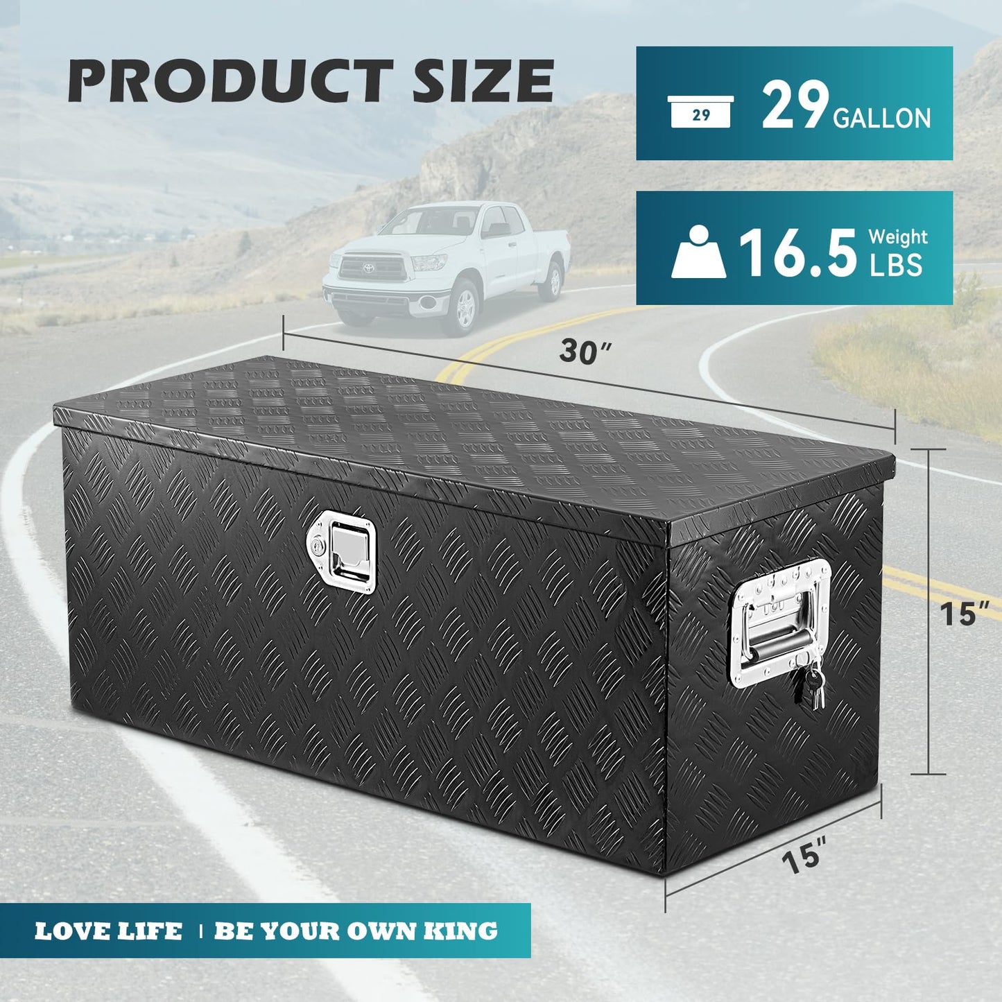 KING CHAO FOO 30" Lx15 Wx15 H Aluminum Tool Box, Heavy Duty Truck Bed Toolboxes with 2 PCS Keys, Upgraded Widest Tool Box Used for Truck Bed Storage,Trailers,Pickup,RV, All-Weather Use