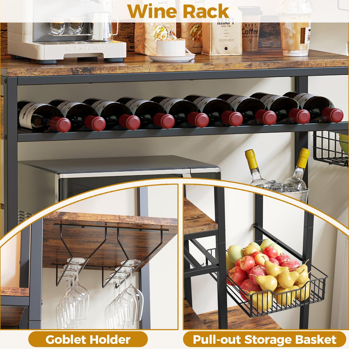 IRONCK Bakers Rack with Power Outlet, Kitchen Microwave Stand with Storage Cabinet, 47.24 Inch Coffee Bar Cabinet, Kitchen Racks with Shelves, LED Light, Globlet Holder and Wine Basket, Vintage Brown