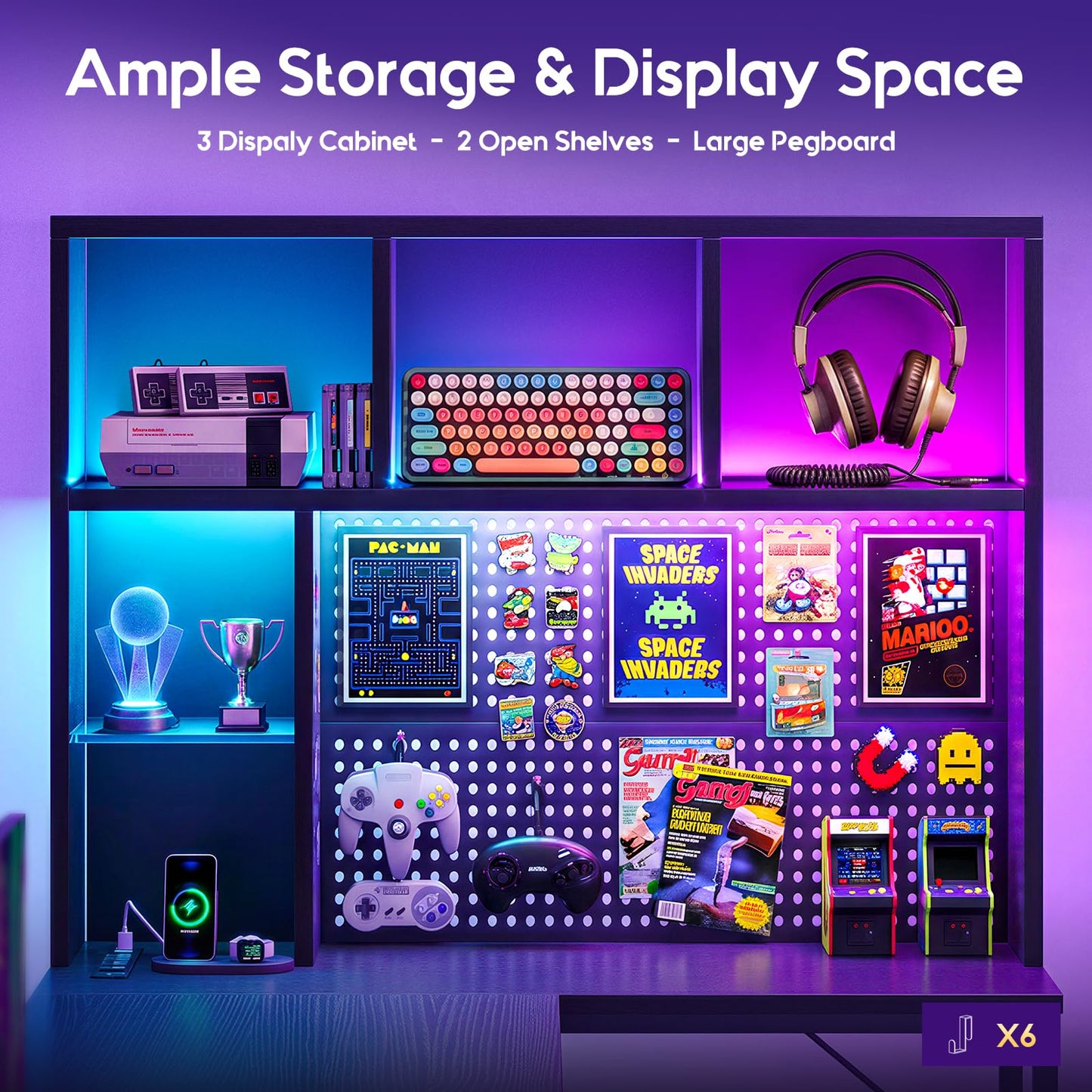 AODK 63" L Shaped Gaming Desk with Hutch, Storage & Shelves, L Shaped Desk with 4 Drawers, Inserted LED Light Strip & Power Outlets, Computer Desk with Pegboard for Entertainment, Office Desk, Black