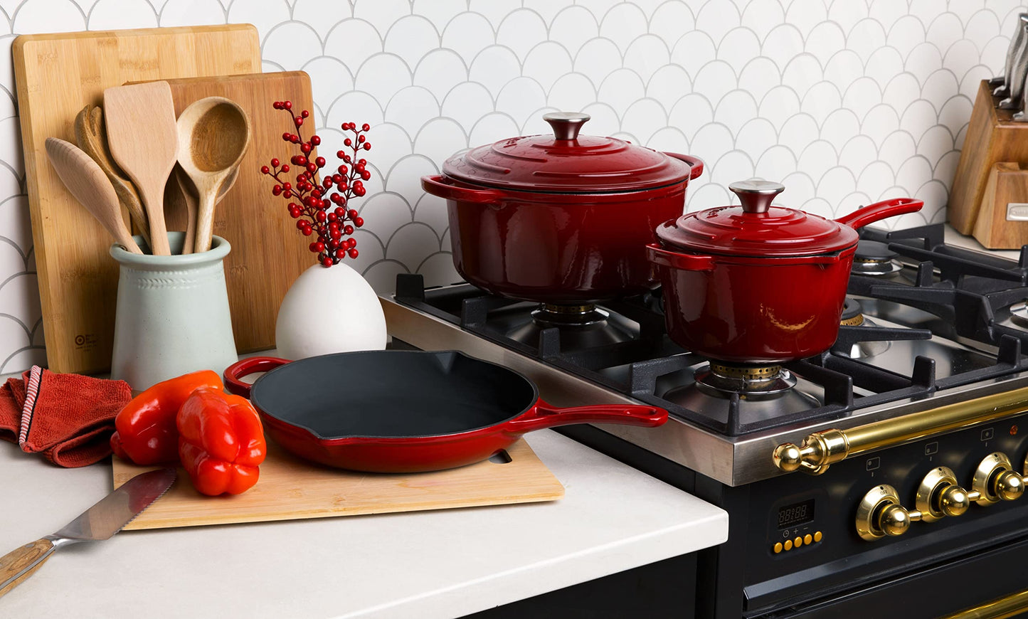 Larder & Vine 5-Piece Enameled Cast Iron Cookware Set - Includes 5.7 Quart Dutch Oven with Lid, 10.25 Inch Skillet, 2.2 Quart Saucepan with Lid (Cabernet)