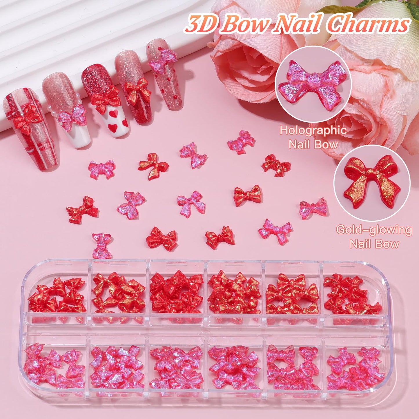 5 Boxes Nail Charms and Gems, 24Pcs Y2k Alloy Nail Art Rhinestone Charms 3D Bow Flower Crown Heart Star with Tweezers and Pick up Tools for Women Nail Design DIY Crafts Face Makeup Gems Jewels(Red)