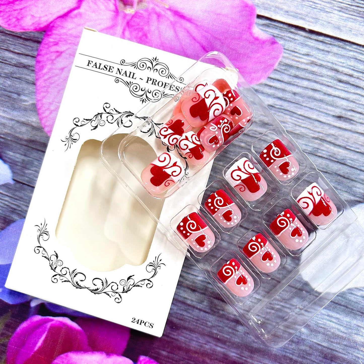 Valentine's Red French Tip Press on Nails Short Square Red Love Heart White Polka Dots Design Full Cover Glossy Artificial Nails Valentine's Acrylic Naills Holiday Stick on Nails for Women