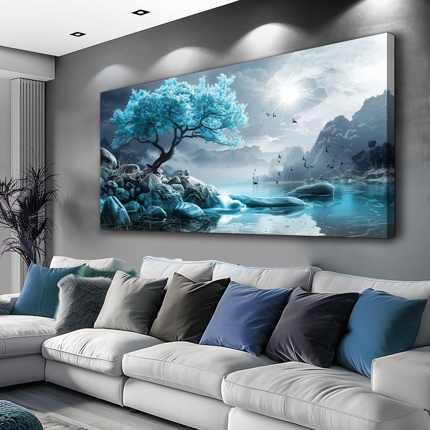 KELIYUAN Large Wall Art For Living Room Canvas Wall Decor Bedroom Blue Tree Landscape Wall Paintings Black And White Pictures Office Mural Framed Prints Artwork Modern Home Decorations 30x60in