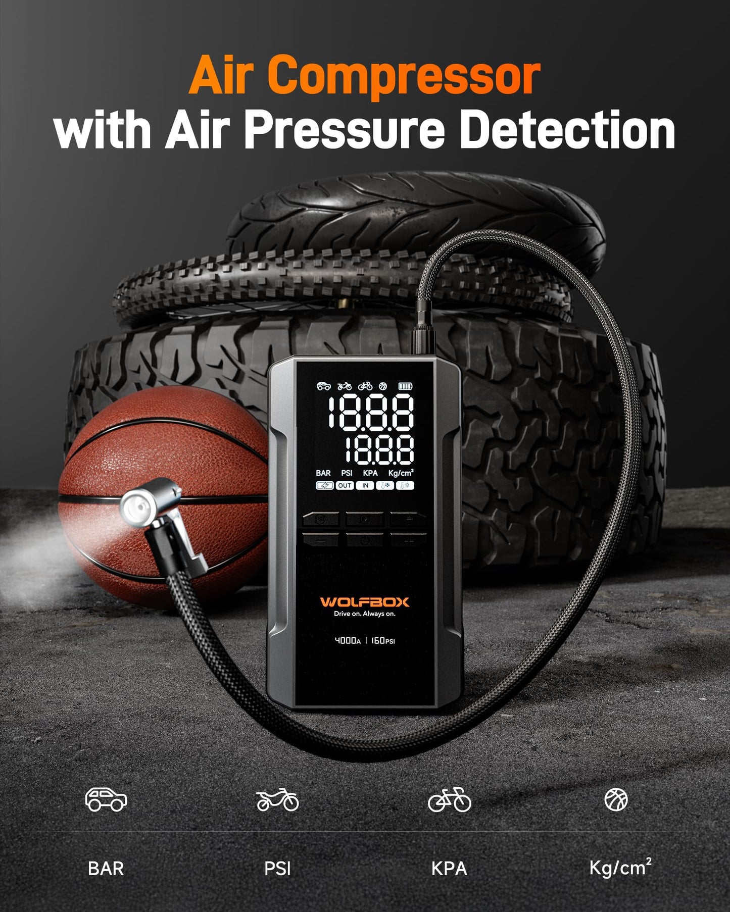 WOLFBOX 4000A Jump Starter with 160PSI Air Compressor, 12V Car Battery Booster;and MF100 Electric Air Duster-150000RPM Super Power Cordless Air Duster, Rechargeable Brushless Motor Durable Blower