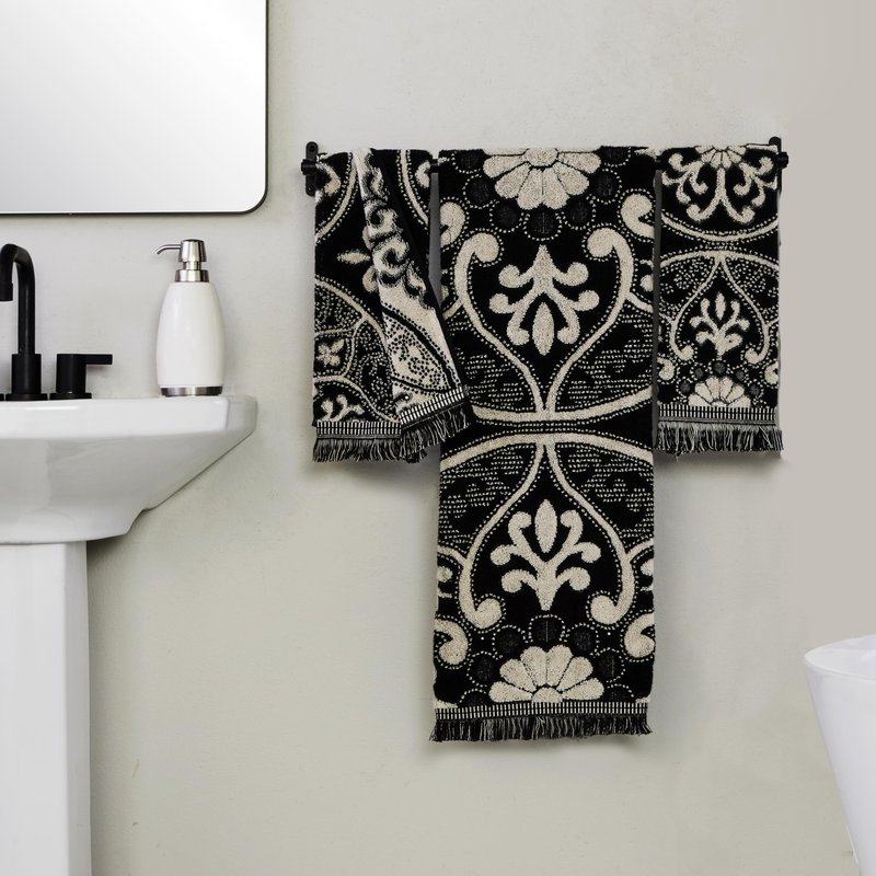 SKL Home Amherst Medallion 100% Cotton Premium 2-Piece Hand Towel Set, 600 GSM, Reversible Jacquard, Soft & Absorbent, Decorative for Bath/Kitchen/Bar & Gift, Black