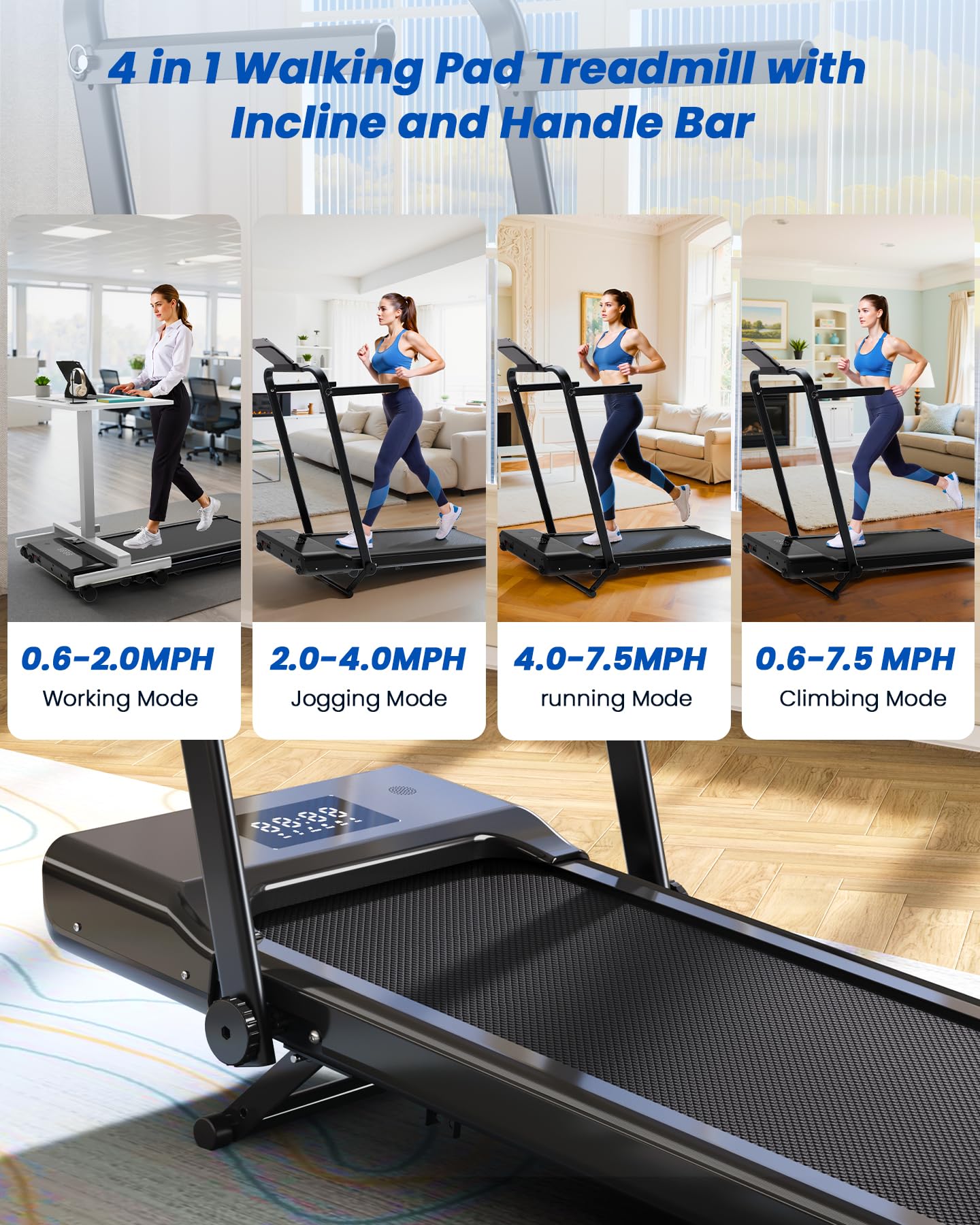 DeerRun Foldable Walking Pad Treadmill for Home & Office, Under Desk Walking Pad Treadmill with 9% Manual Incline and Handlebar, 0.6–7.5 MPH, 300 lb Capacity, App & Remote Control