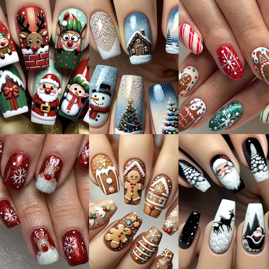 144 Pcs Christmas Press on Nails Kit Glossy False Nails with 6 Styles Designs Full Cover Acrylic Nail Christmas Santa Claus Elk Gingerbread Man Fake Nail Set for Women DIY Manicure Decoration