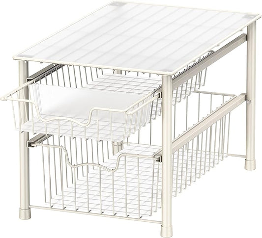 Simple Houseware Stackable Sliding Basket Organizer Drawer, White, 2-Tier