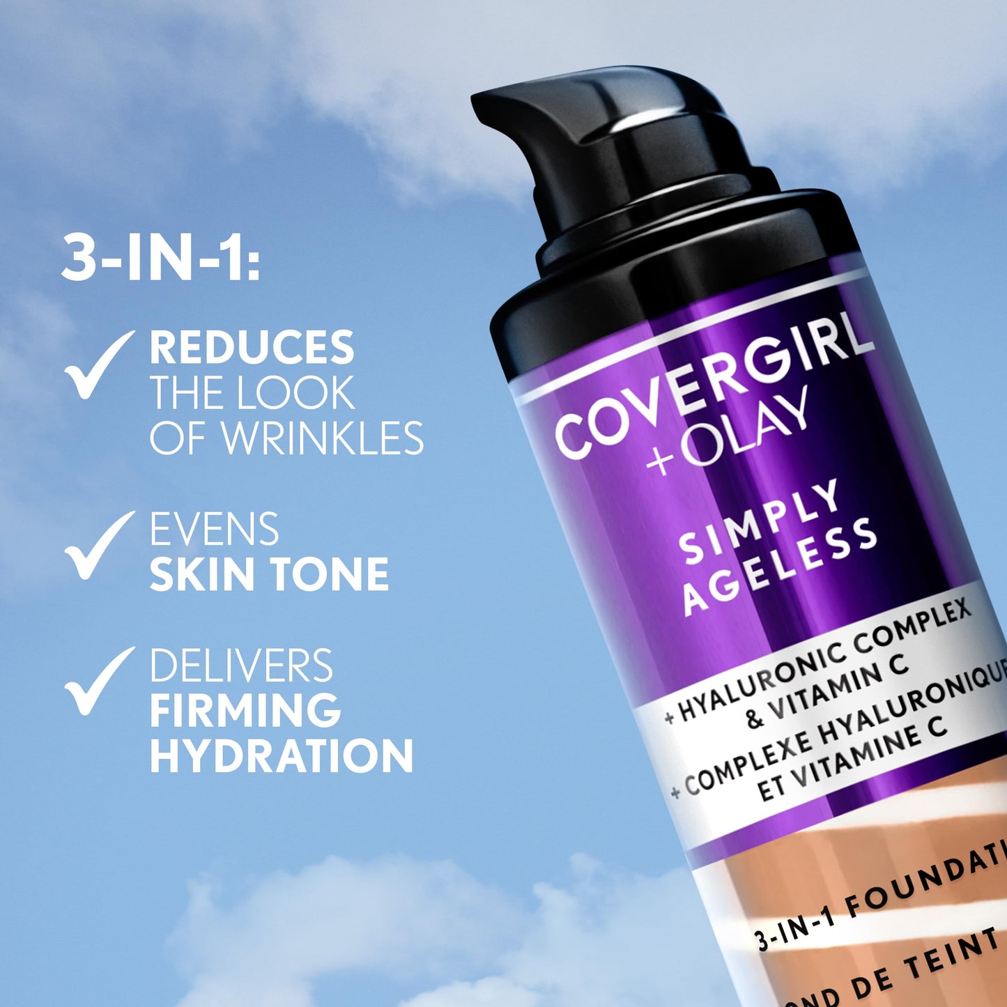 COVERGIRL & Olay Simply Ageless 3-in-1 Liquid Foundation, Matte Finish, Hyaluronic & Vitamin C Formula, 232 Nude Beige, 2 Count
