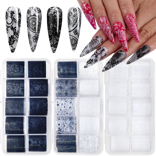 AddFavor Lace Transfer Nail Foil White and Black Nail Transfer Foil Sticker, Flower Nail Art Foils Decals for Nails Manicure DIY Acrylic Nails Decoration