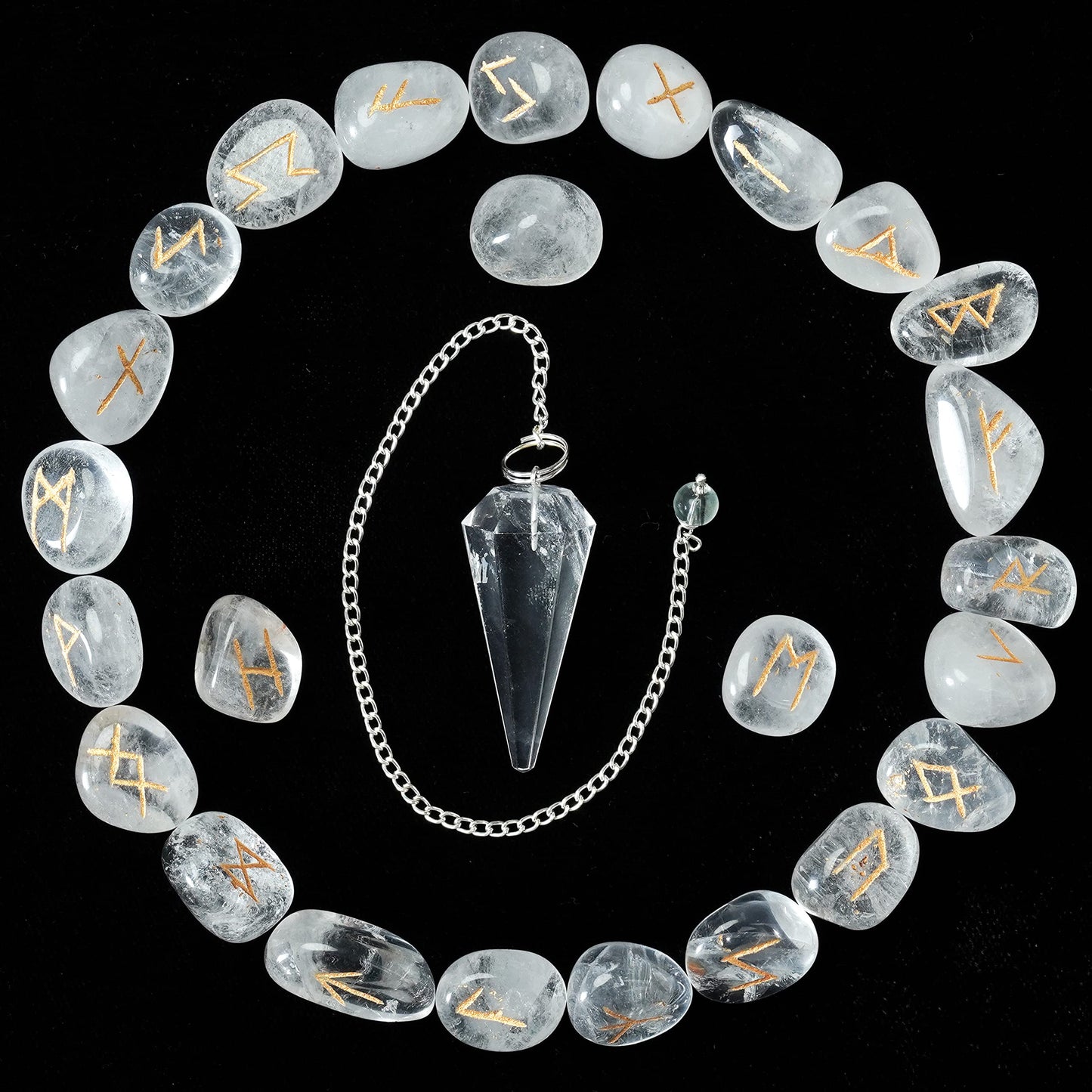 Crocon Clear Quartz Gemstone Engraved Rune Stones Set (25 Pcs) with Elder Futhark Alphabets & 1 Clear Quartz Pendulum Reiki Healing Meditation Balancing Gift Home Office Decor. Size: 15-20 mm