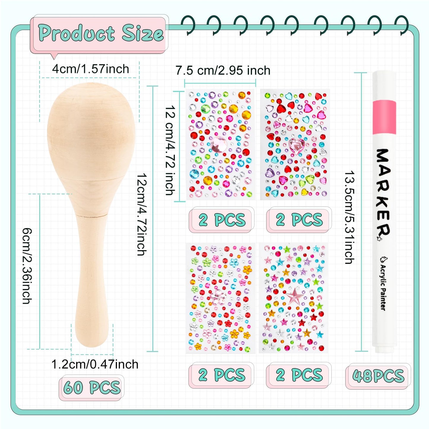 60 PCS Mini Wooden Maracas for Kids, Unfinished DIY Maracas with Multicolor Pens and Gem Stickers for Mexican Fiesta Cinco De Mayo Painting Shakers Baby Musical Toys Birthday Party Favor Supplies