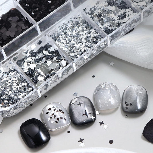 12Grids Silver Black Mini Mixed Nail Art Glitter Kit - Sparkle Heart Star Round Nail Glitters Sequins 3D Holographic Silver Nail Flake Y2K Shiny Nail Supplies Acrylic Nails Tips Accessories for Women