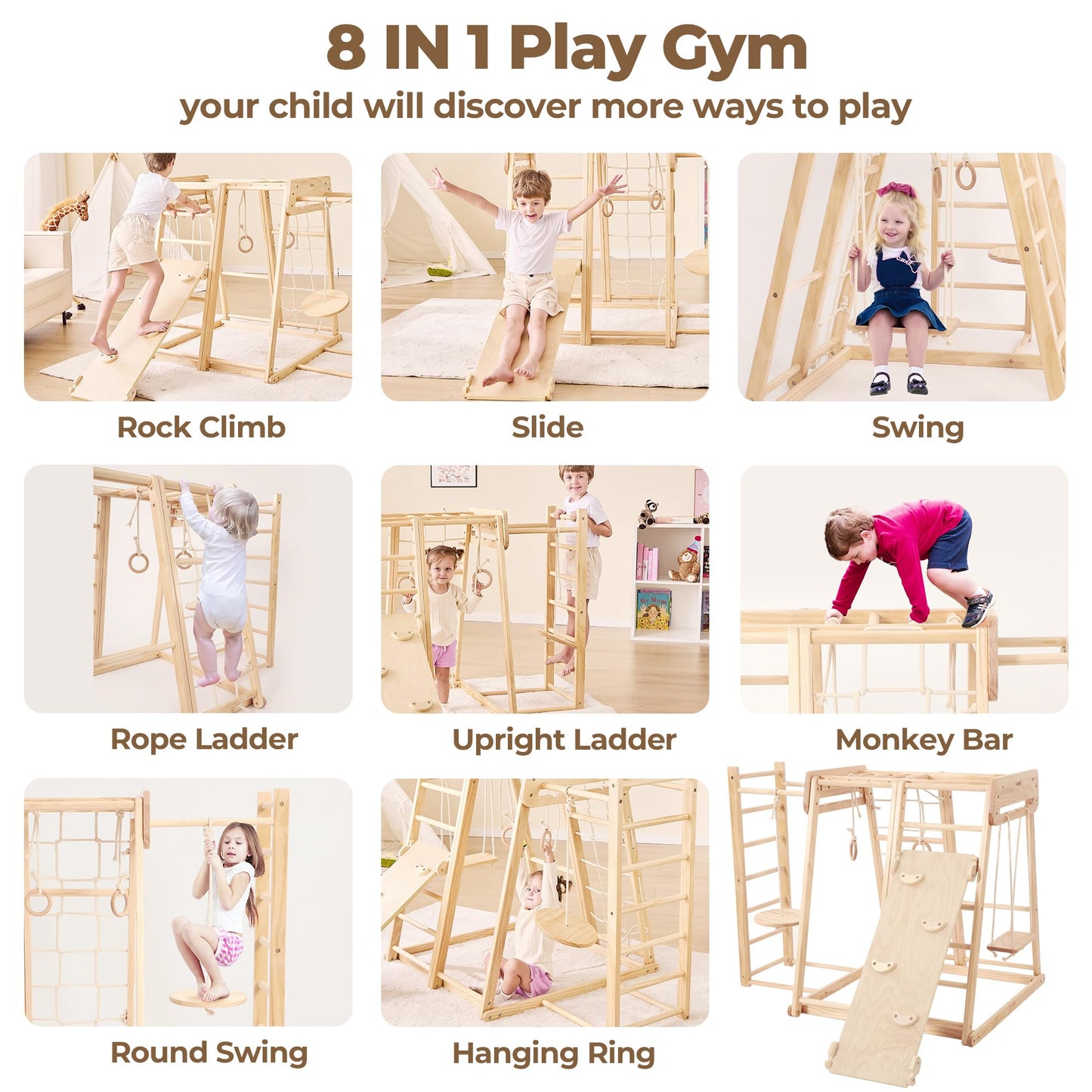 Belleur 8 in 1 Indoor Jungle Gym for Kids 1-6, Wooden Indoor Playground with Slide & Swing, Montessori Climbing Set with Climbing Net & Monkey Bars