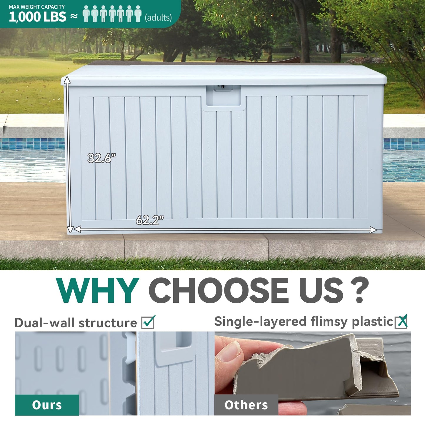 YITAHOME 230 Gallon Double-Wall Deck Box with Divider & Side Handles, Outdoor Large Storage for Patio Furniture Cushions, Garden Pool Accessories, Water Resistant & Lockable