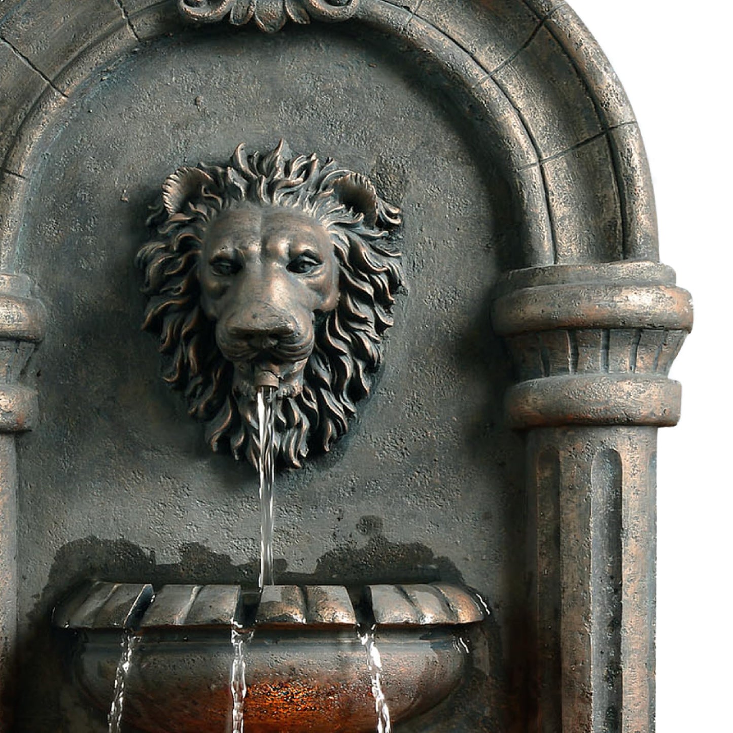 Teamson Home 32.1 in. Wall-Mounted Lion Head Stone LED Outdoor Water Fountain for Gardens, Landscaping, Patios, Balconies, Lawns to Create a Calming Oasis in Outdoor Living Spaces, Antique Bronze