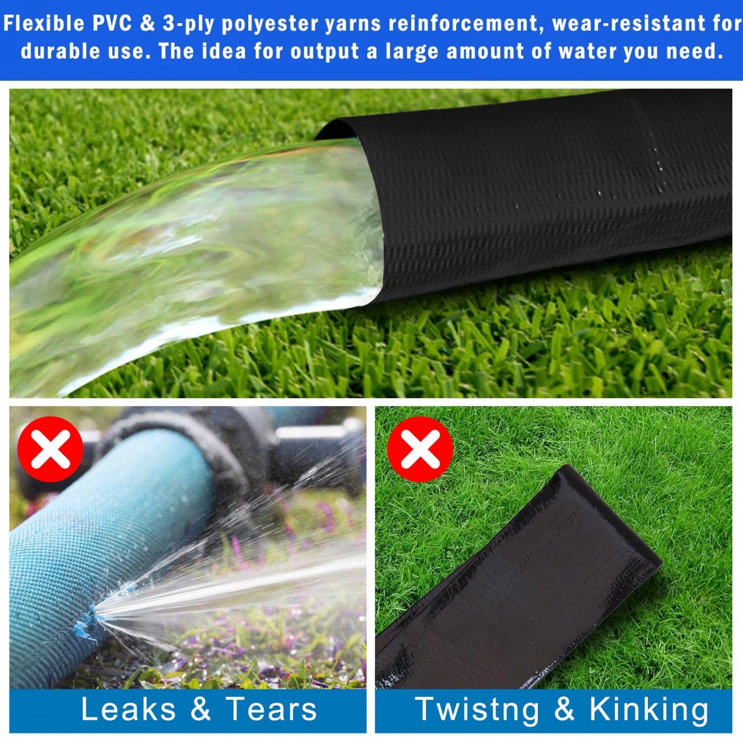 Gonioa 2 inches x 25 FT Heavy-Duty PVC Swimming Pool Backwash Hose 25 feet, Reinforced Discharge Hose with Clamp for Swimming Pools, Black