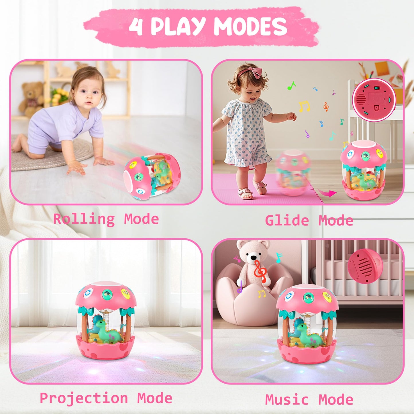 M SANMERSEN Baby Girl Toys 6-12 Months, Dinosaur Rotating Light Up Musical Baby Toys for 0-6 12-18 Months Newborn Infant Crawling Tummy Time Toys, Birthday Easter Gifts for Baby Girls- Pink