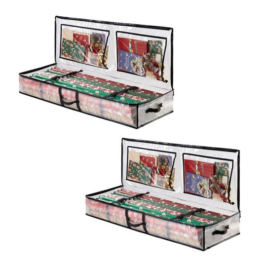 VENO 2 Pack Clear Wrapping Paper Organizer Storage Box for Christmas Gift Bags and Holiday Accessories, Underbed Storage Container with Interior Pockets, 40 Inches Long Fits 24 Rolls (2 Pack)