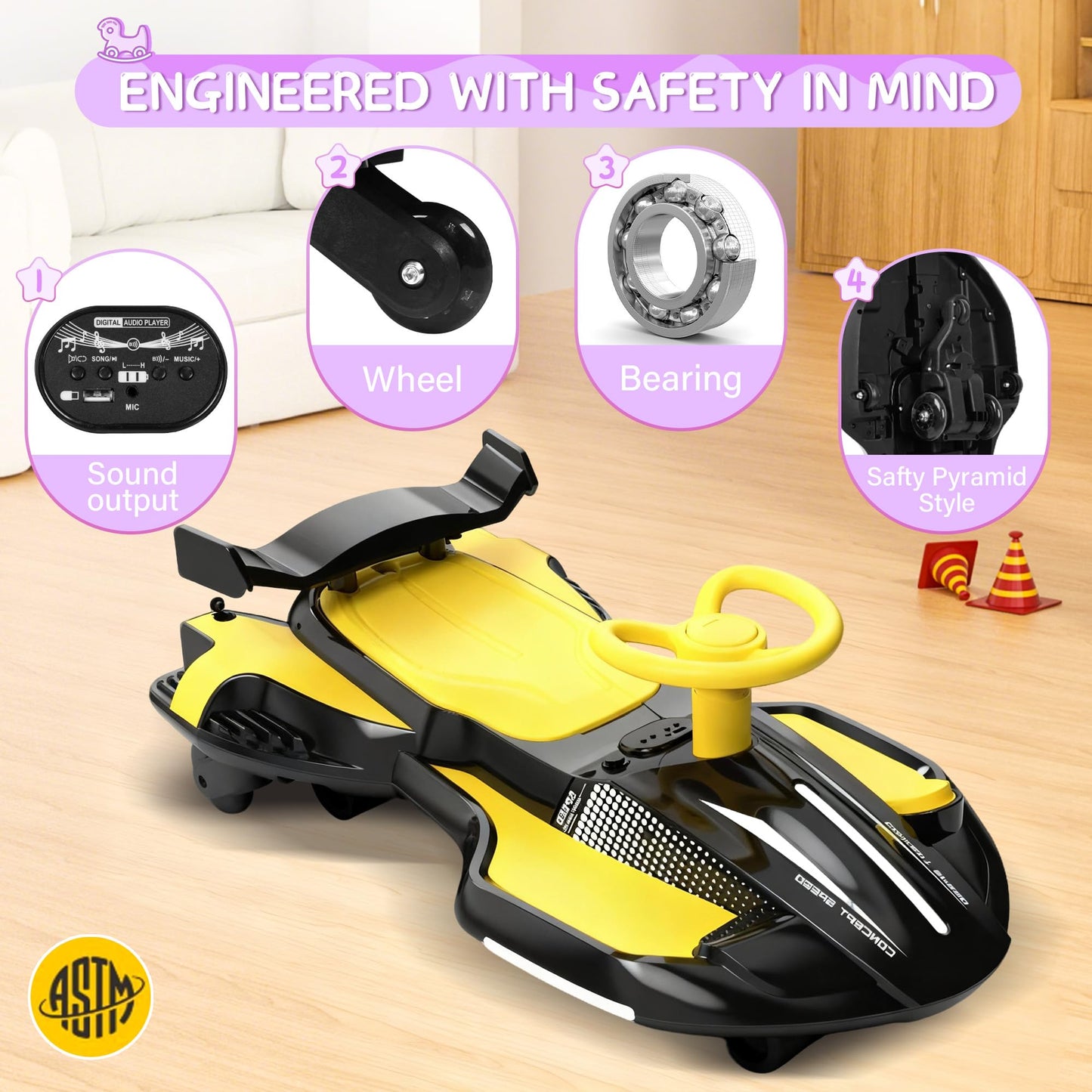 12V Electric Wiggle Car with Pedal for Kids, Rechargeable 2 in 1 Devil Swing Car Toy, Drifting Ride On Car with Backrests, Anti-Rollover, Spray, Flashing Light, Music, Bluetooth, for Ages 3 and Up