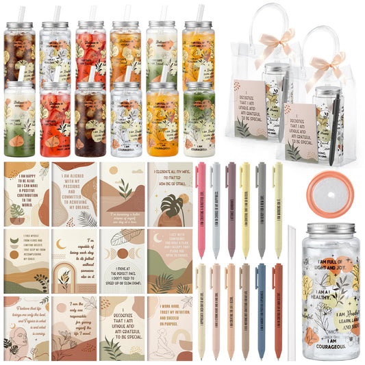 Kosiz 36 Pcs Boho Positive Affirmation Gift Set for Women, 12 Gratitude Notebooks 12 Plastic Cups with Lids Straws 12 Gift Bags, Mother's Day Thank You Gifts for Teachers Nurses Employee Coworker