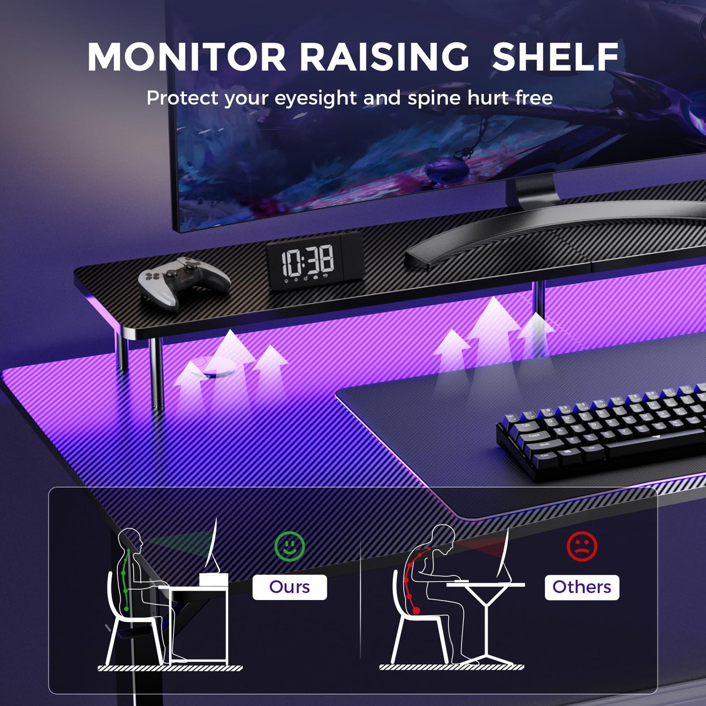 GTPLAYER 55 Inch Gaming Desk with LED Lights & Power Outlet, Computer Gamer Desk with Monitor Stand, Ergonomic Carbon Fiber Gaming Table Home Office Desk with Headphone Hook & Mouse Pad