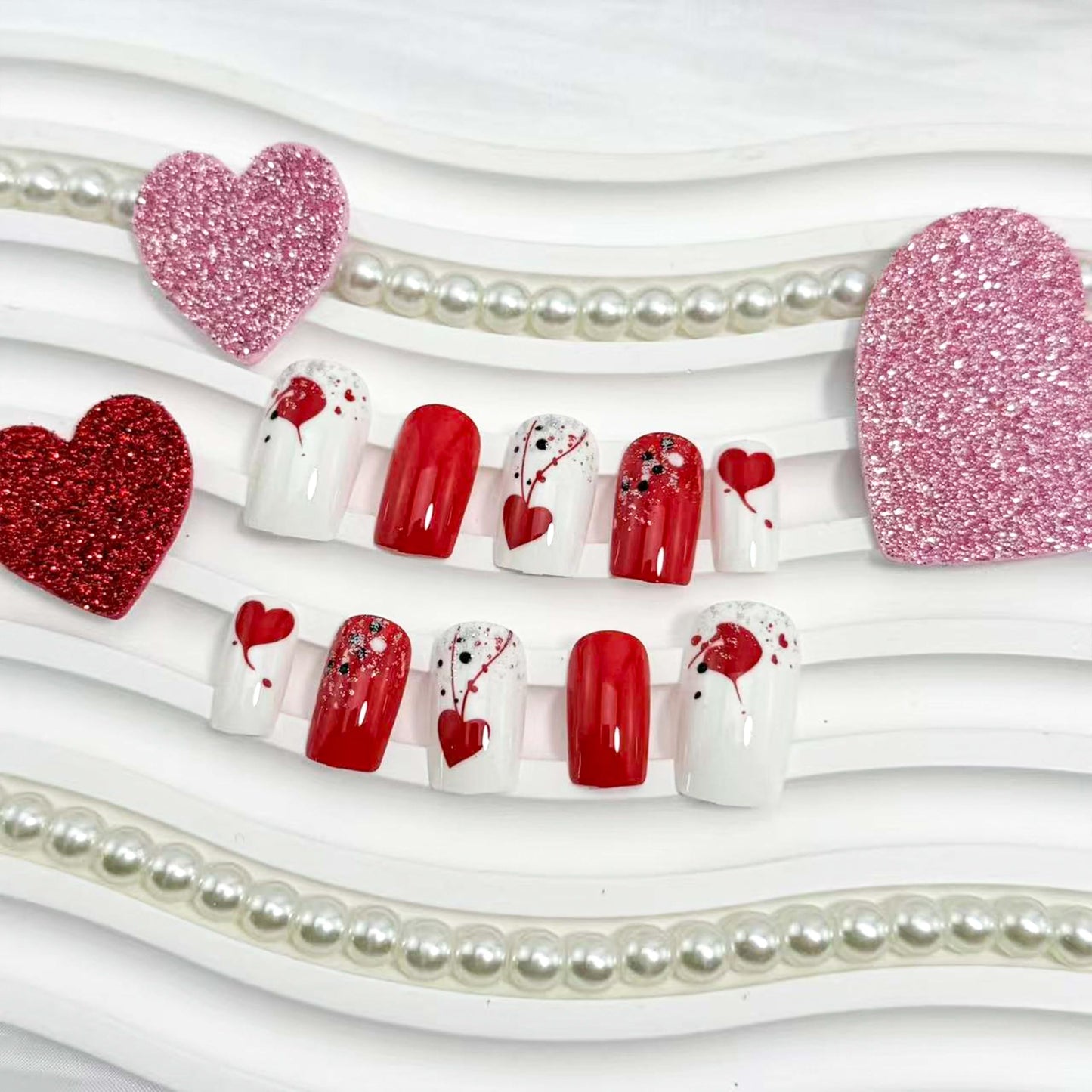 24Pcs Valentines Press on Nails Short Square Red Heart Fake Nails Red Love Design Glue on Nails Glossy Curve Dots False Nails for Women Valentine Nail Decoration for Women Gift