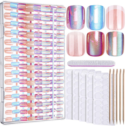 FANDAMEI Press on Nails, 6 Colors Chrome Press on Nails Short, Cat Eye Nails Short Round, Natural Fake Nails with Chrome Mirror Effect, Super Shiny Ombre, Glossy for Women with Salon Quality