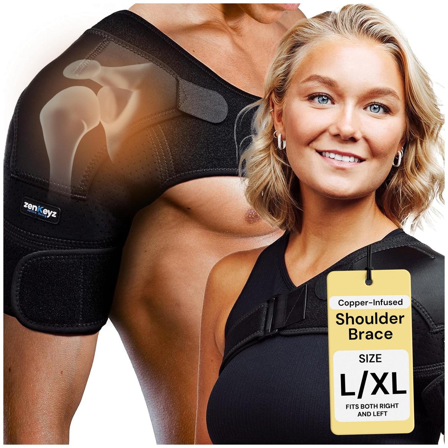 ZENKEYZ Shoulder Brace for Men & Women - Size L/XL (Chest 38-50") - Black/Copper - Copper-Infused Compression Sleeve & Rotator Cuff Support - Adjustable Strap with Ice/Heat Pocket - Sturdy Arm Sling for Joint Stability"