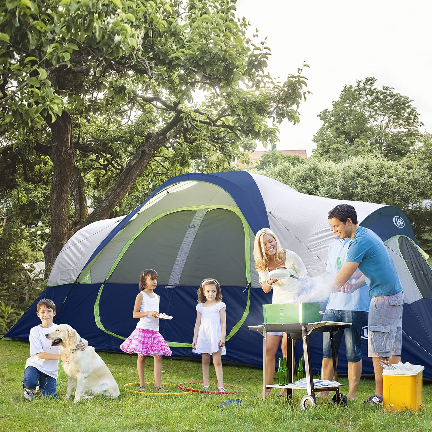 UNP Camping Tent 10-Person-Family Tents, Parties, Music Festival Tent, Big, Easy Up, 5 Large Mesh Windows, Double Layer, 2 Room, Waterproof, Weather Resistant, 18ft x 9ft x78in (Dark Blue)