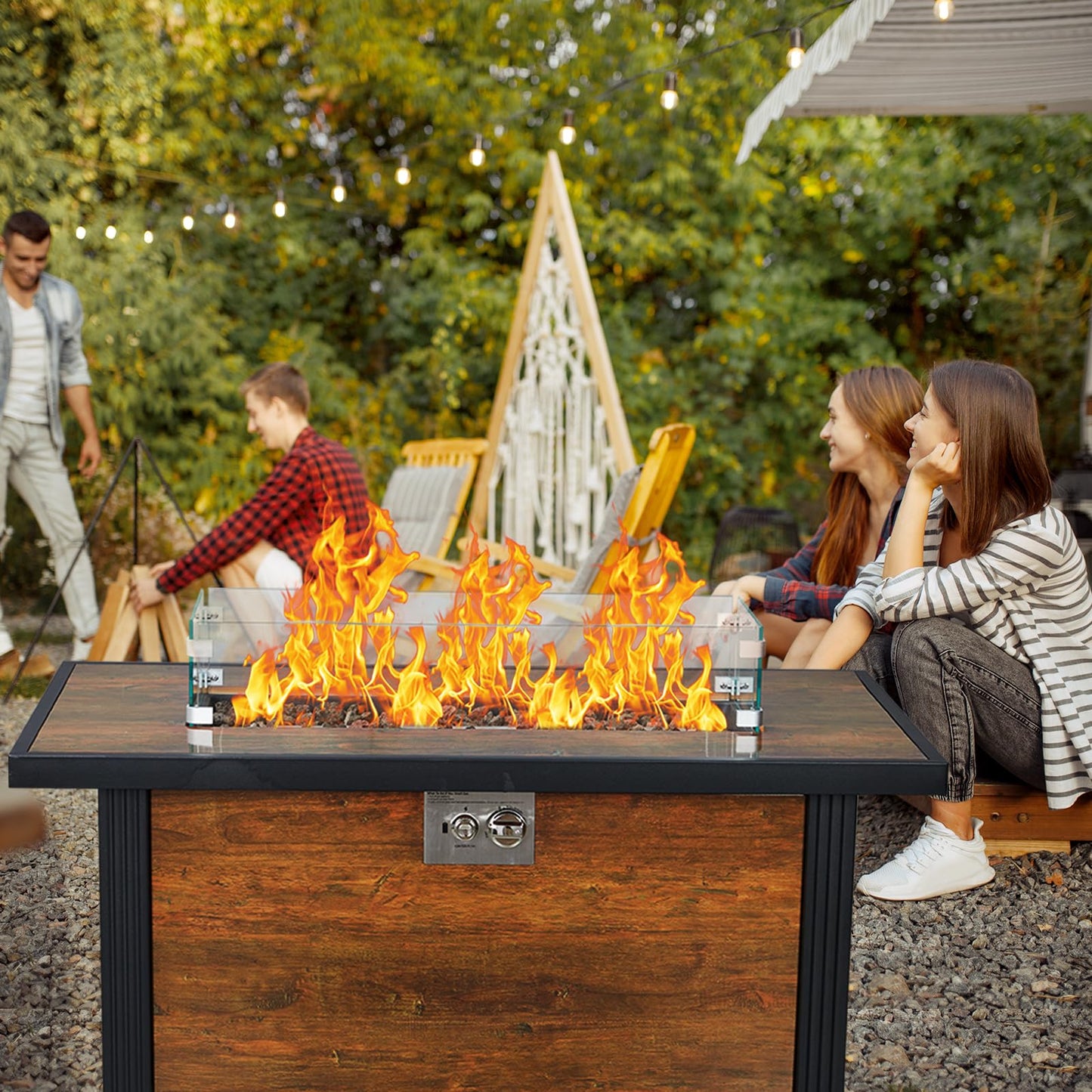 GarveeLife 44 in Gas Fire Pit Square Table, 50,000 BTU Propane Fire Table with Tempered Glass Wind Gaurd, Pulse Switch, Rain Cover, for Foolside, Lawn, Outside Garden, Thermal Transfer Woodgrain