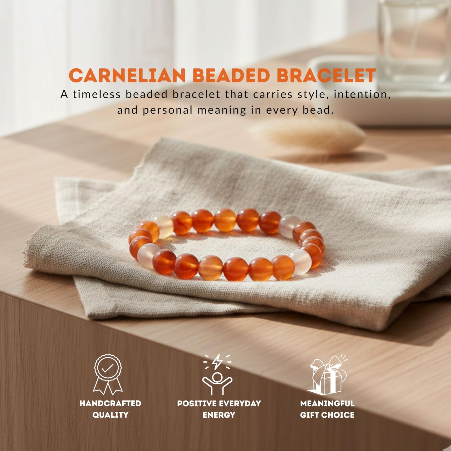 Cherry Tree Collection Carnelian Beaded Bracelet – Genuine 8mm Gemstone Stretch Bracelet for Men & Women – Handmade Crystal Bracelet - (Carnelian - M)