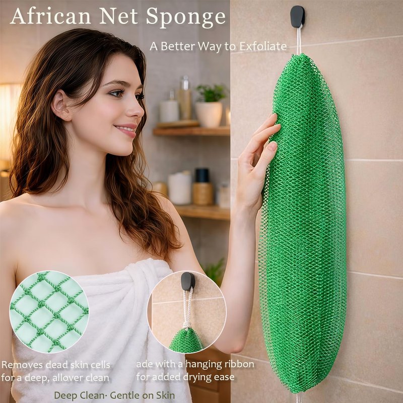 African Net Sponge Authentic, 3 Pcs Exfoliating Net Sponge for Bath, 45 Inch Long Stretch Back Scrubber for Women and Men, Exfoliating Shower Scrubber (Brown+Blue+Gold, 3 Packs)