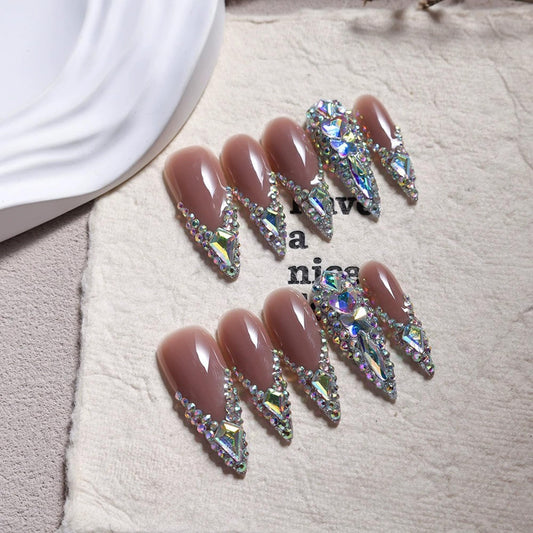 10Pcs Handmade Press on Nails Rhinestone French Tip Fake Nails Long Stiletto False Nails with 3D Designs Luxury Glue On Nail Full Cover Stick on Nail for Women Manicure (Size M)