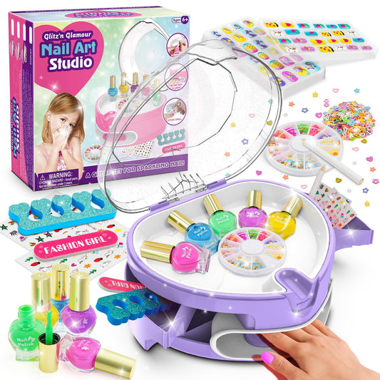 Ylovetoys Kids Nail Polish Set for Girls, Nail Art Kit for Kids Ages 7-12, All-in-One Nail Dryer Salon with Press On False Nails, Non-Toxic Polish, Stickers, DIY Decorative, Gift Toys for Girls