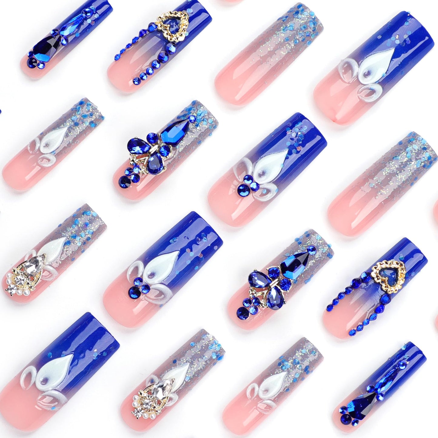Luxury French Tip Press on Nails Shiny Blue Rhinestones Sequins Fake Nail Acrylic Long Full Cover Stick on Nails for Women Glossy Reusable False Nail 24 PCS 12 Sizes Kit Gift Manicure Decoration