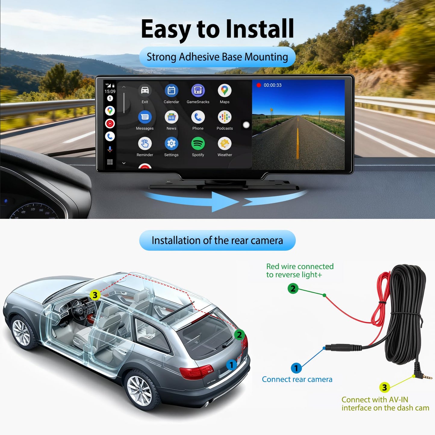 10.26" Wireless CarPlay Screen for Car: 4K Dash Cam & 1080P Backup Camera, Portable Touchscreen Car Stereo for Apple Carplay & Android Auto, GPS Navigation, Mirror Link BT FM Voice Control (ADAS)