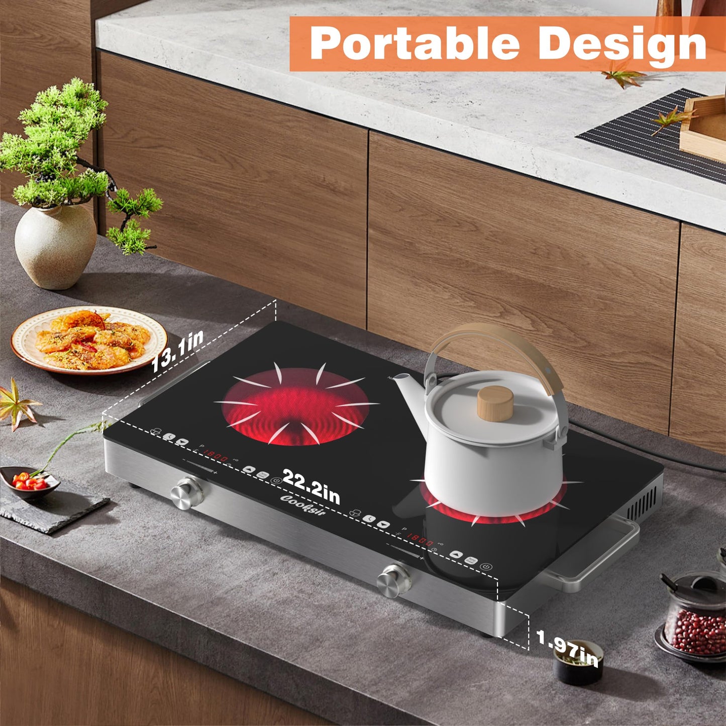 Cooksir 2 Burner Electric Cooktop - 24 Inch(22.2"x 13.1") Portable Electric Stove Top 110V, 2000W Countertop Two Burner Stove, Child Lock, Timer, Touch and Knob Control, 110V Plug in